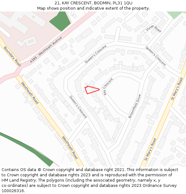 21, KAY CRESCENT, BODMIN, PL31 1QU: Location map and indicative extent of plot