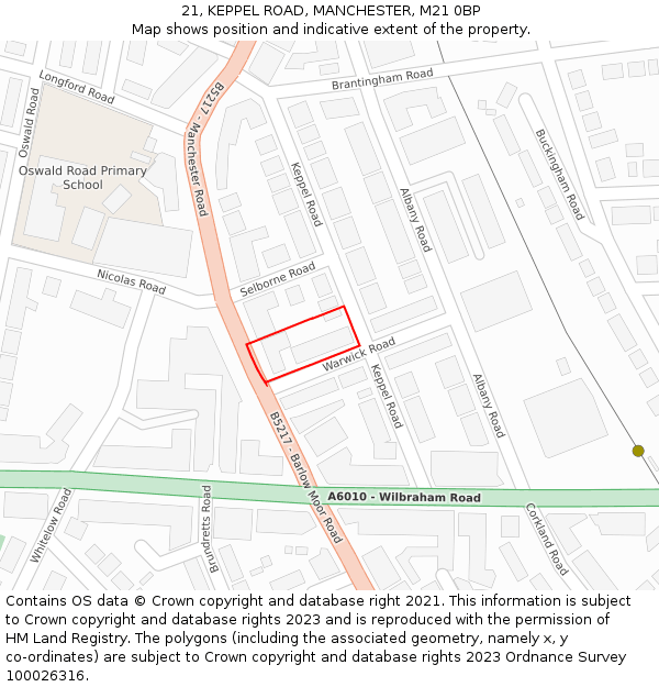 21, KEPPEL ROAD, MANCHESTER, M21 0BP: Location map and indicative extent of plot