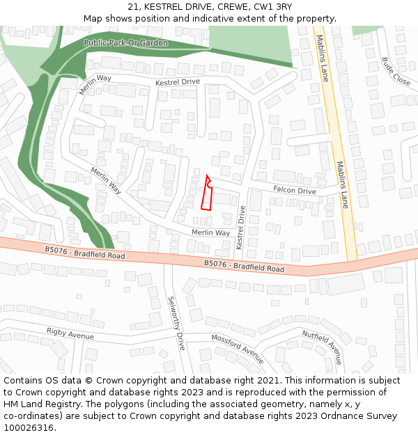 21, KESTREL DRIVE, CREWE, CW1 3RY: Location map and indicative extent of plot