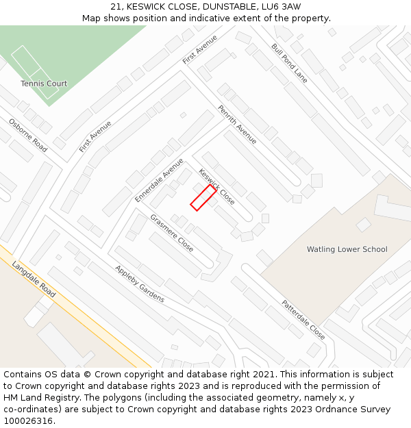 21, KESWICK CLOSE, DUNSTABLE, LU6 3AW: Location map and indicative extent of plot