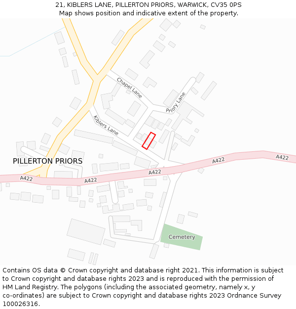 21, KIBLERS LANE, PILLERTON PRIORS, WARWICK, CV35 0PS: Location map and indicative extent of plot