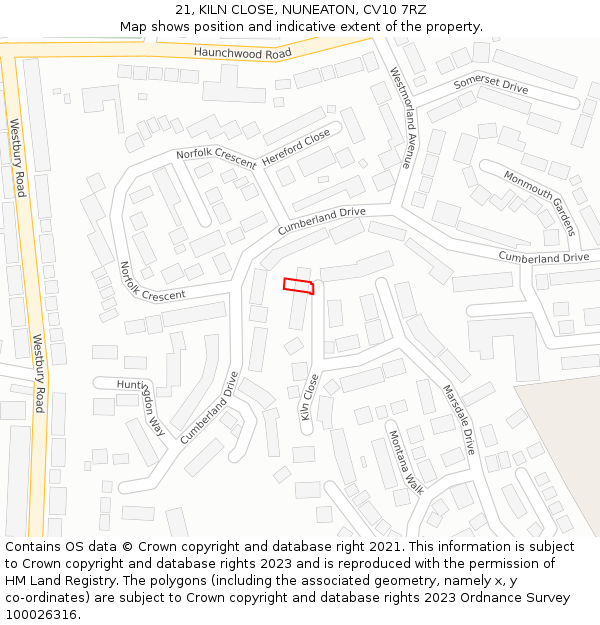 21, KILN CLOSE, NUNEATON, CV10 7RZ: Location map and indicative extent of plot