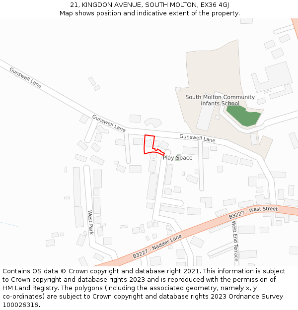 21, KINGDON AVENUE, SOUTH MOLTON, EX36 4GJ: Location map and indicative extent of plot