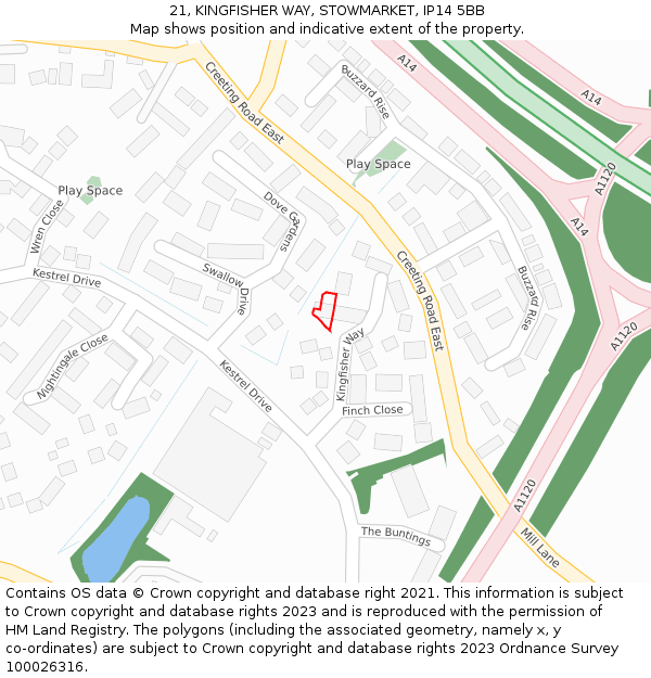 21, KINGFISHER WAY, STOWMARKET, IP14 5BB: Location map and indicative extent of plot