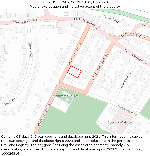21, KINGS ROAD, COLWYN BAY, LL29 7YG: Location map and indicative extent of plot