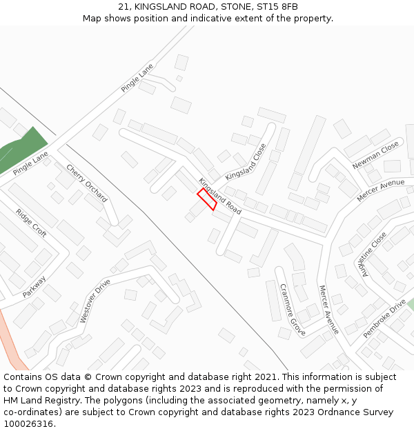 21, KINGSLAND ROAD, STONE, ST15 8FB: Location map and indicative extent of plot