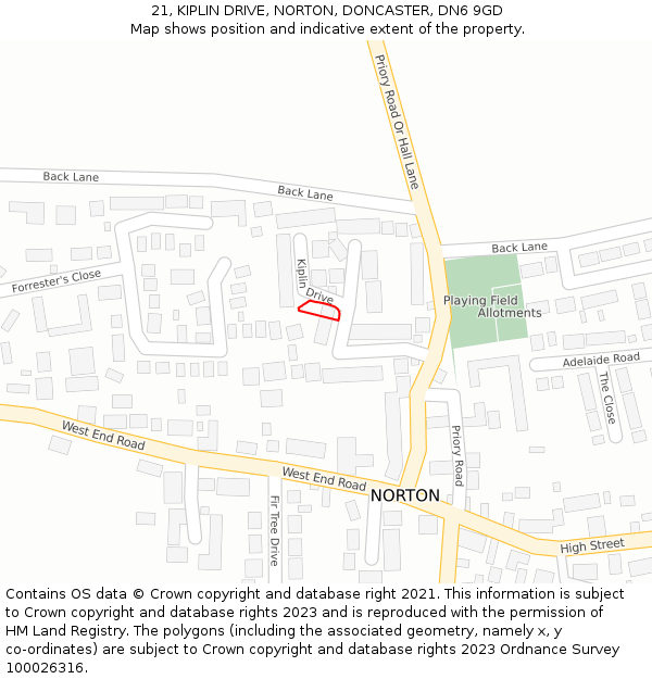 21, KIPLIN DRIVE, NORTON, DONCASTER, DN6 9GD: Location map and indicative extent of plot