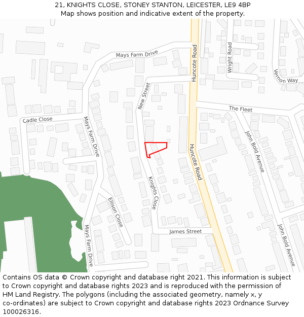 21, KNIGHTS CLOSE, STONEY STANTON, LEICESTER, LE9 4BP: Location map and indicative extent of plot