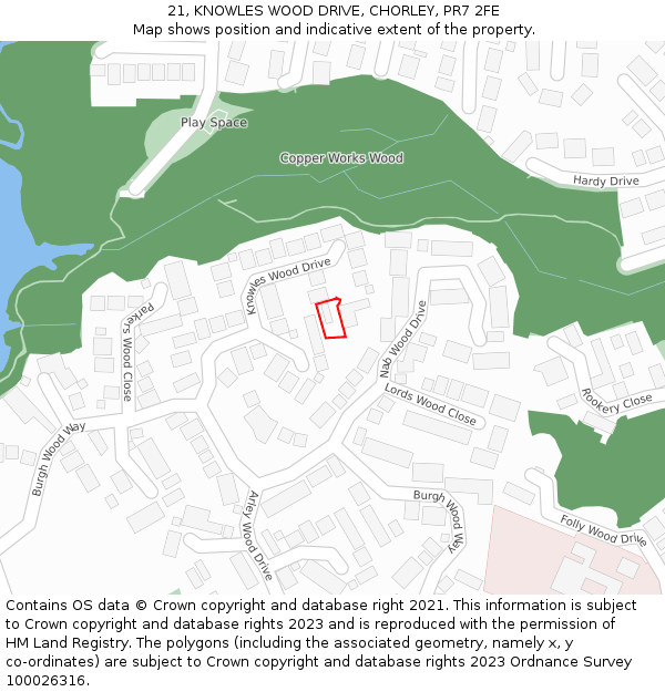 21, KNOWLES WOOD DRIVE, CHORLEY, PR7 2FE: Location map and indicative extent of plot