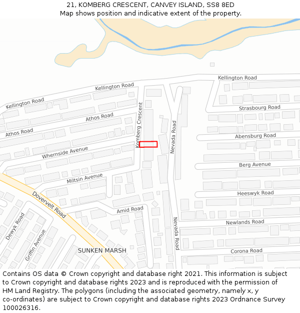 21, KOMBERG CRESCENT, CANVEY ISLAND, SS8 8ED: Location map and indicative extent of plot