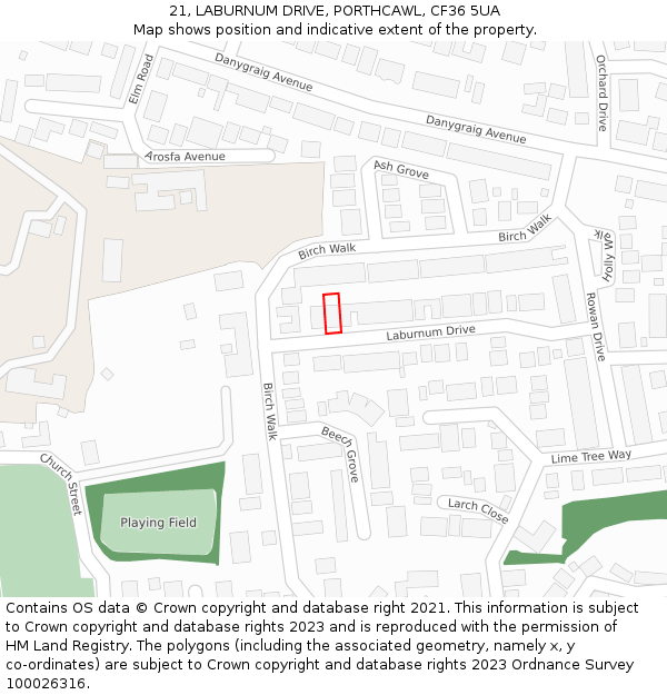 21, LABURNUM DRIVE, PORTHCAWL, CF36 5UA: Location map and indicative extent of plot