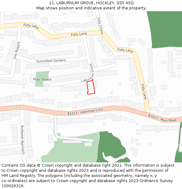 21, LABURNUM GROVE, HOCKLEY, SS5 4SQ: Location map and indicative extent of plot