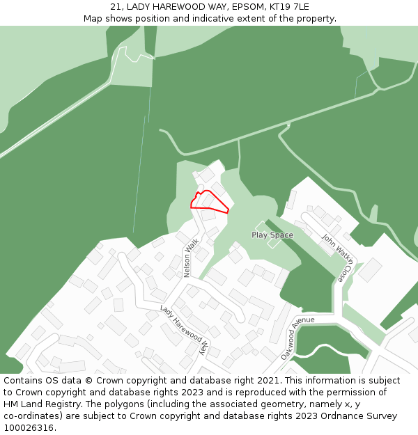 21, LADY HAREWOOD WAY, EPSOM, KT19 7LE: Location map and indicative extent of plot