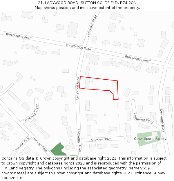 21, LADYWOOD ROAD, SUTTON COLDFIELD, B74 2QN: Location map and indicative extent of plot