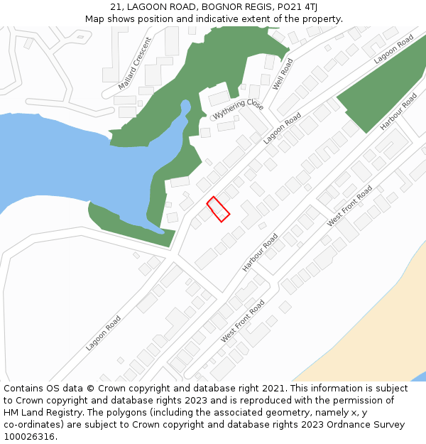 21, LAGOON ROAD, BOGNOR REGIS, PO21 4TJ: Location map and indicative extent of plot