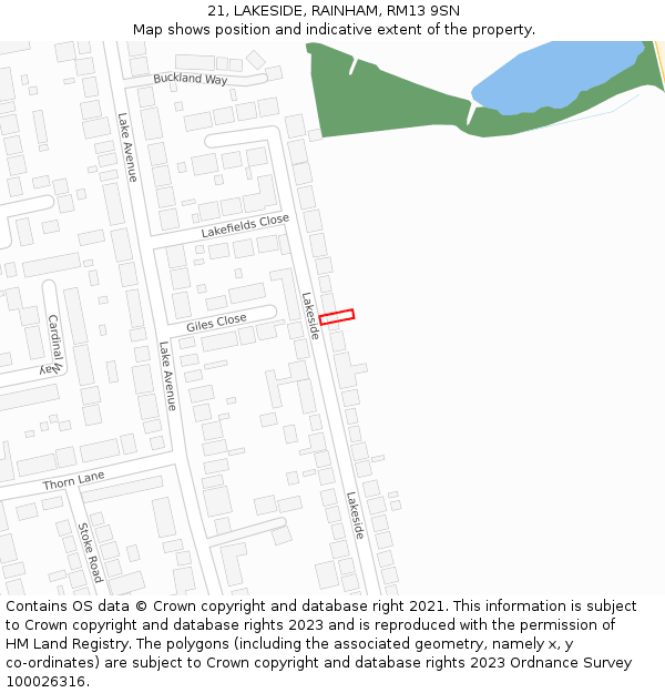 21, LAKESIDE, RAINHAM, RM13 9SN: Location map and indicative extent of plot