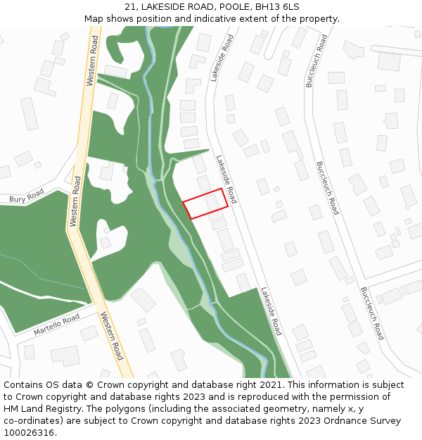 21, LAKESIDE ROAD, POOLE, BH13 6LS: Location map and indicative extent of plot