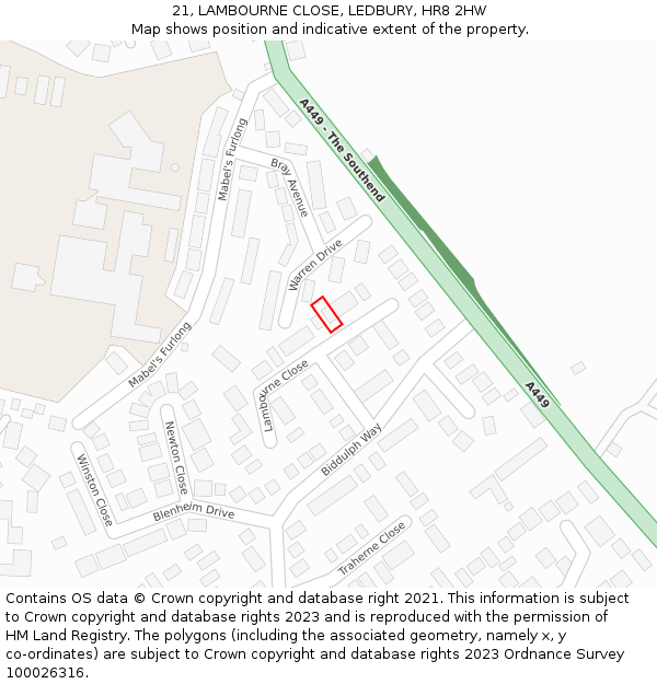 21, LAMBOURNE CLOSE, LEDBURY, HR8 2HW: Location map and indicative extent of plot