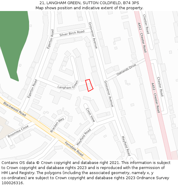 21, LANGHAM GREEN, SUTTON COLDFIELD, B74 3PS: Location map and indicative extent of plot