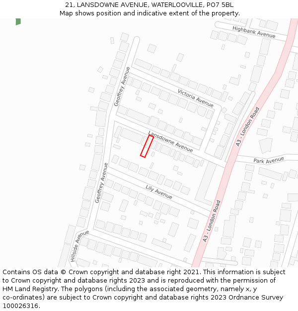 21, LANSDOWNE AVENUE, WATERLOOVILLE, PO7 5BL: Location map and indicative extent of plot