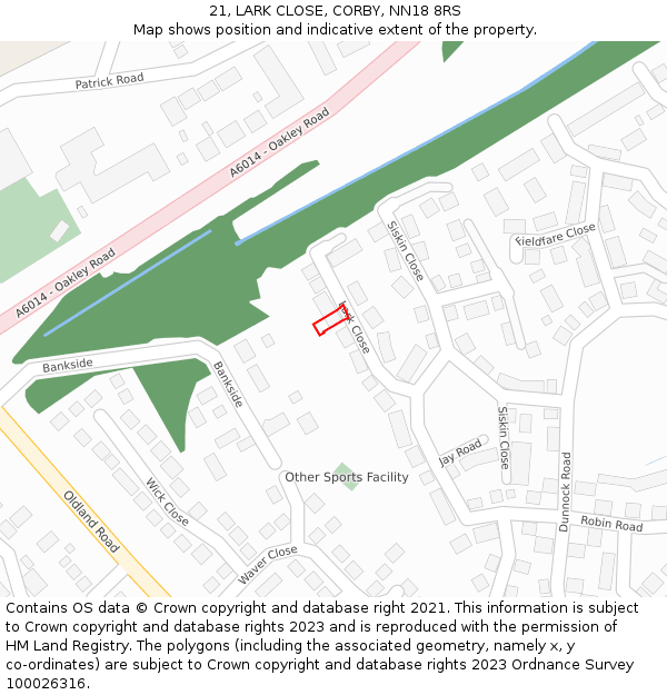 21, LARK CLOSE, CORBY, NN18 8RS: Location map and indicative extent of plot