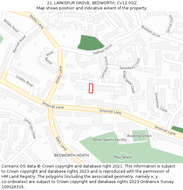 21, LARKSPUR GROVE, BEDWORTH, CV12 0GZ: Location map and indicative extent of plot