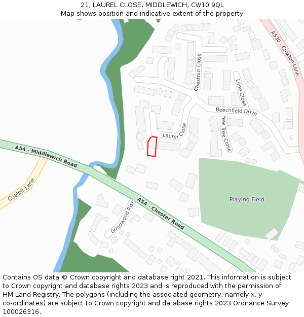 21, LAUREL CLOSE, MIDDLEWICH, CW10 9QL: Location map and indicative extent of plot