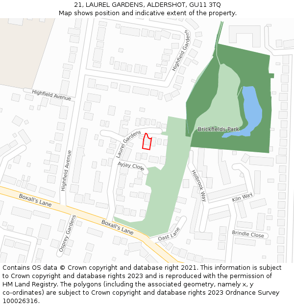 21, LAUREL GARDENS, ALDERSHOT, GU11 3TQ: Location map and indicative extent of plot