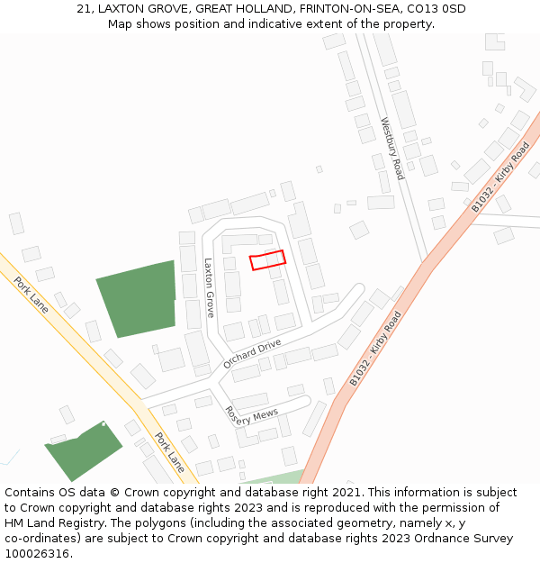 21, LAXTON GROVE, GREAT HOLLAND, FRINTON-ON-SEA, CO13 0SD: Location map and indicative extent of plot