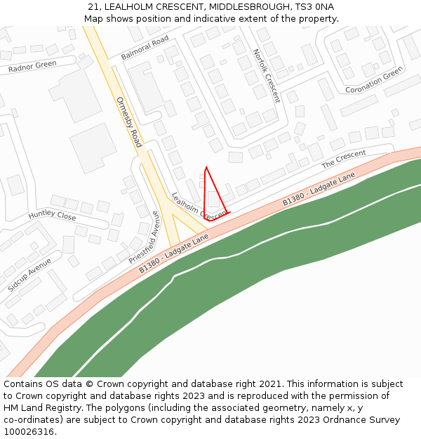 21, LEALHOLM CRESCENT, MIDDLESBROUGH, TS3 0NA: Location map and indicative extent of plot