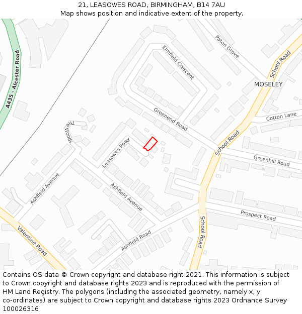 21, LEASOWES ROAD, BIRMINGHAM, B14 7AU: Location map and indicative extent of plot