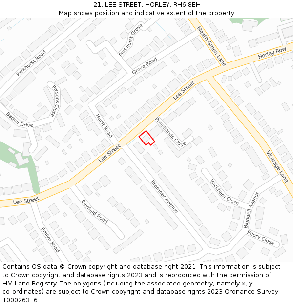 21, LEE STREET, HORLEY, RH6 8EH: Location map and indicative extent of plot