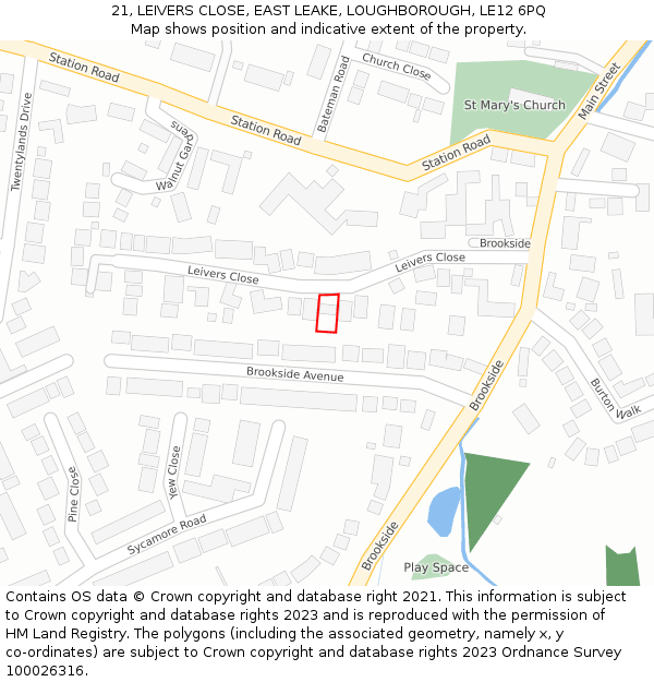 21, LEIVERS CLOSE, EAST LEAKE, LOUGHBOROUGH, LE12 6PQ: Location map and indicative extent of plot