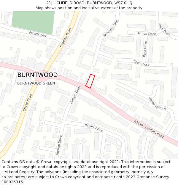 21, LICHFIELD ROAD, BURNTWOOD, WS7 0HQ: Location map and indicative extent of plot