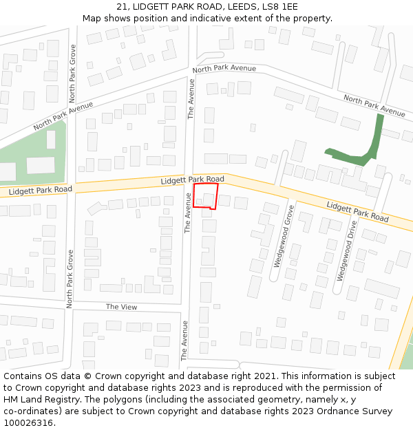 21, LIDGETT PARK ROAD, LEEDS, LS8 1EE: Location map and indicative extent of plot