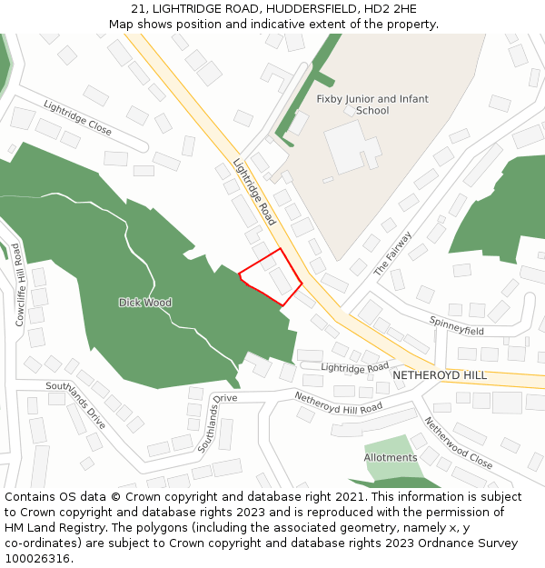 21, LIGHTRIDGE ROAD, HUDDERSFIELD, HD2 2HE: Location map and indicative extent of plot