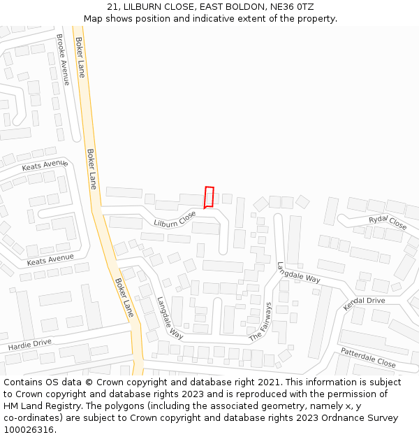 21, LILBURN CLOSE, EAST BOLDON, NE36 0TZ: Location map and indicative extent of plot
