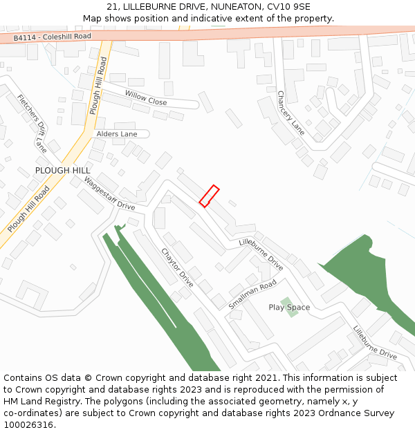 21, LILLEBURNE DRIVE, NUNEATON, CV10 9SE: Location map and indicative extent of plot