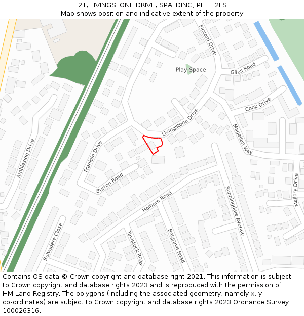 21, LIVINGSTONE DRIVE, SPALDING, PE11 2FS: Location map and indicative extent of plot