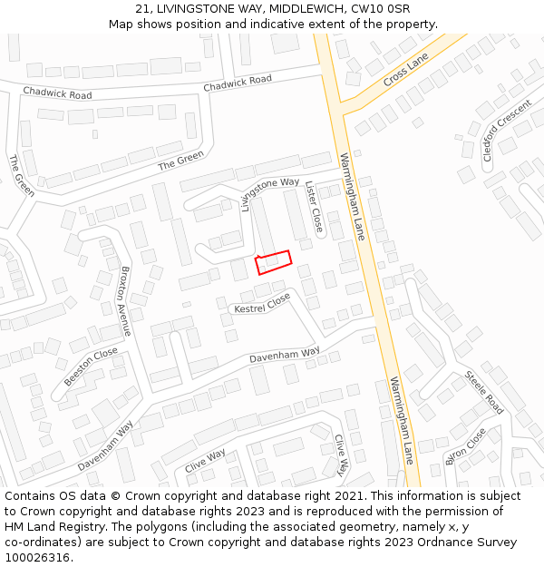 21, LIVINGSTONE WAY, MIDDLEWICH, CW10 0SR: Location map and indicative extent of plot