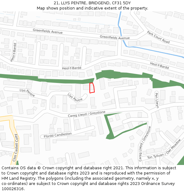 21, LLYS PENTRE, BRIDGEND, CF31 5DY: Location map and indicative extent of plot