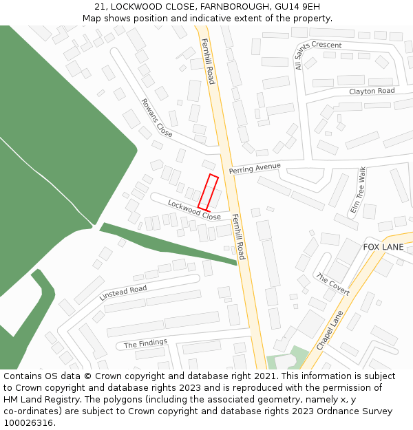 21, LOCKWOOD CLOSE, FARNBOROUGH, GU14 9EH: Location map and indicative extent of plot