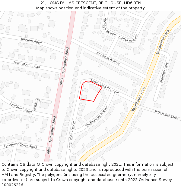 21, LONG FALLAS CRESCENT, BRIGHOUSE, HD6 3TN: Location map and indicative extent of plot