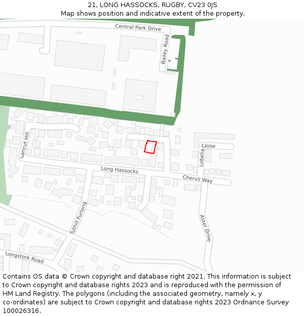 21, LONG HASSOCKS, RUGBY, CV23 0JS: Location map and indicative extent of plot