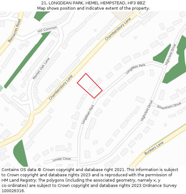 21, LONGDEAN PARK, HEMEL HEMPSTEAD, HP3 8BZ: Location map and indicative extent of plot