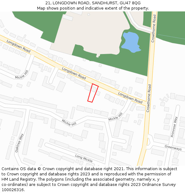21, LONGDOWN ROAD, SANDHURST, GU47 8QG: Location map and indicative extent of plot