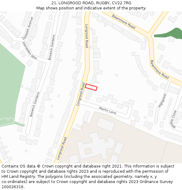 21, LONGROOD ROAD, RUGBY, CV22 7RG: Location map and indicative extent of plot