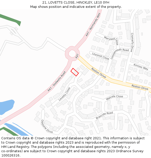 21, LOVETTS CLOSE, HINCKLEY, LE10 0YH: Location map and indicative extent of plot