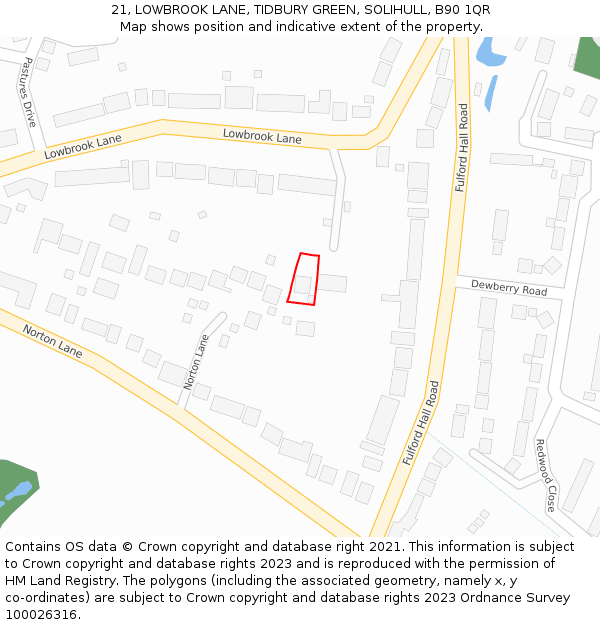 21, LOWBROOK LANE, TIDBURY GREEN, SOLIHULL, B90 1QR: Location map and indicative extent of plot