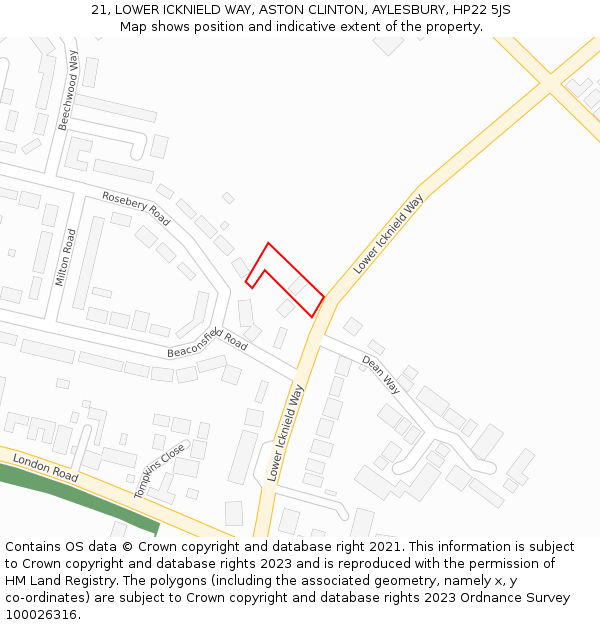 21, LOWER ICKNIELD WAY, ASTON CLINTON, AYLESBURY, HP22 5JS: Location map and indicative extent of plot